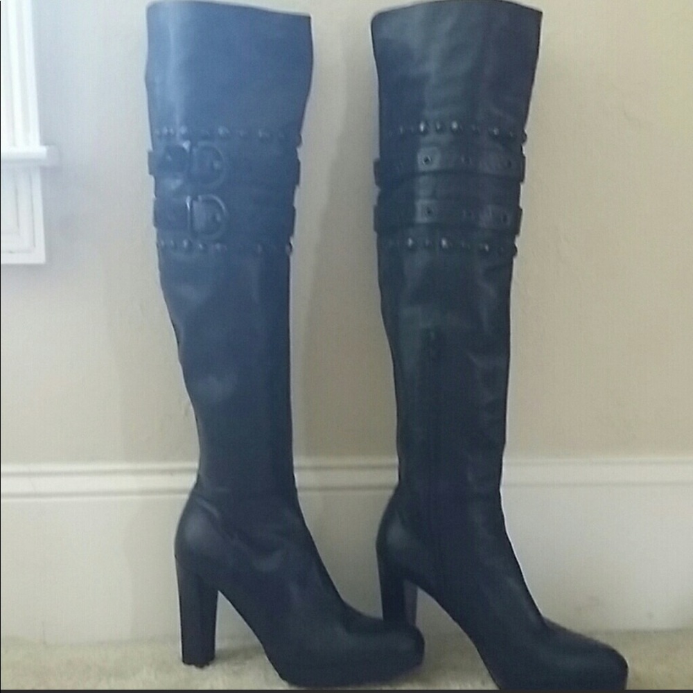Stuart Weitzman Black Over-the-Knee Buckle Leather Boots